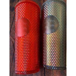 Starbucks Red & Iridescent Studded Tumblers 24 Oz Reusable Cold Cups With Lids &